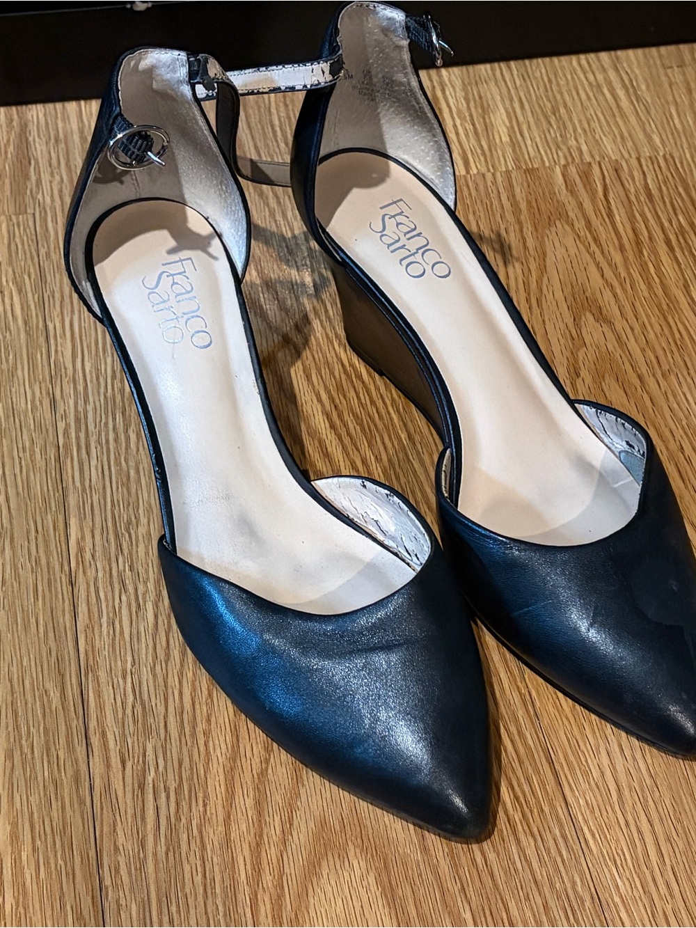 Franco Sarto Black Pointed Ankle-Strap Wedge Pumps